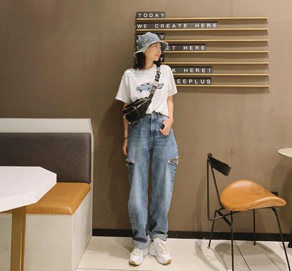 

women's jeans 2021 high waisted loose features double cut holes on both sides straight denim pants spring summer, Blue