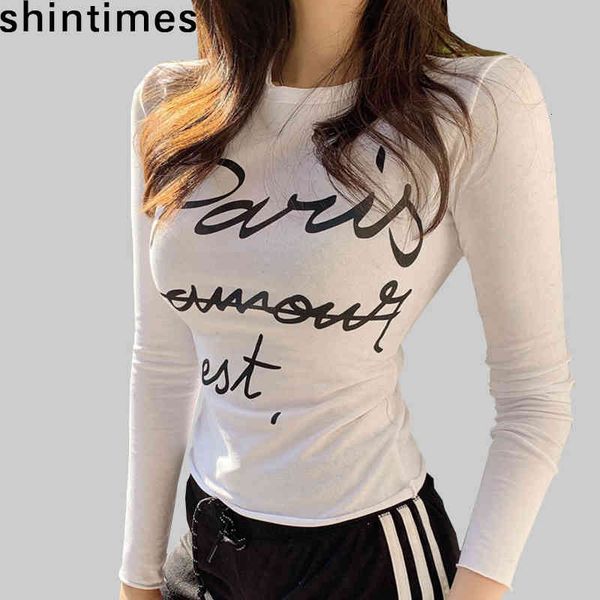

women's t-shirt tee shirt femme women t-shirts fashion letter printed slim tshirt long sleeve korean clothing zphv, White