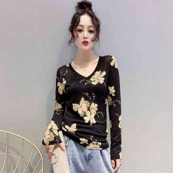

women's t-shirt spring autumn long-sleeved flower printing slim v-neck street bottoming shirts woman pl002 210506, White