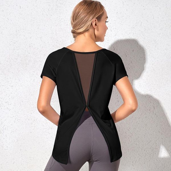 

women yoga sport short sleeve shirt mesh backless workout loose fit fitness running t-shirt sportswear gym sports outfits, White;red