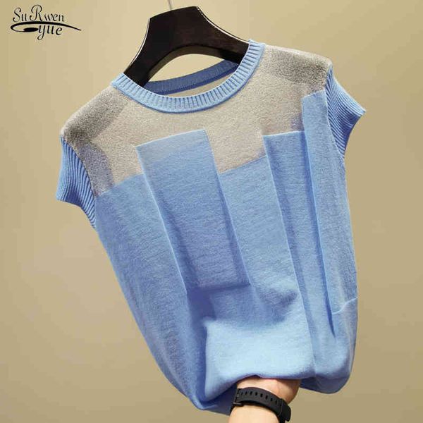 

summer clothing blusas mujer de moda korean patchwork ice silk knitted women short sleeve fashion thin blouse 8796 50 210508, White