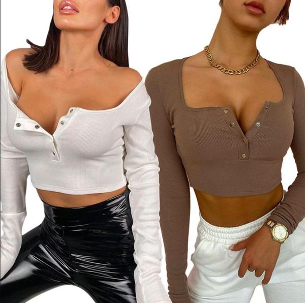 

women's t-shirt women button down crop casual long sleeve square neck solid color ribbed knit camis t-shirts, White