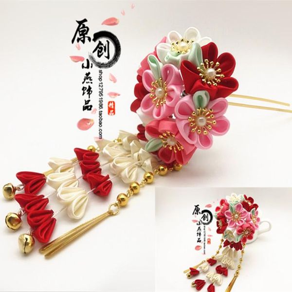 

party masks handwork japanese geisha kimono hanfu hair ornament sakura tsumami zaiku hairpin yukata tassel cloth flower side clip kanzashi