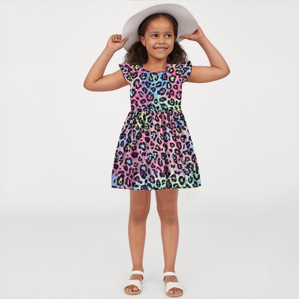 

40 for baby girls leopard girl dress tie dyed printed ruffle fly sleeve kids clothes princess, Red;yellow