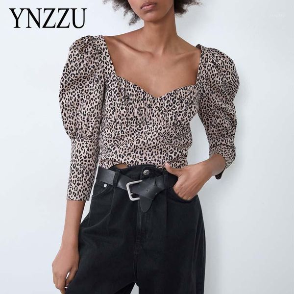 

vintage female puff sleeve 2021 spring summer leopard print square collar woemn blouse shirt est casual ynzzu yt825 women's, White