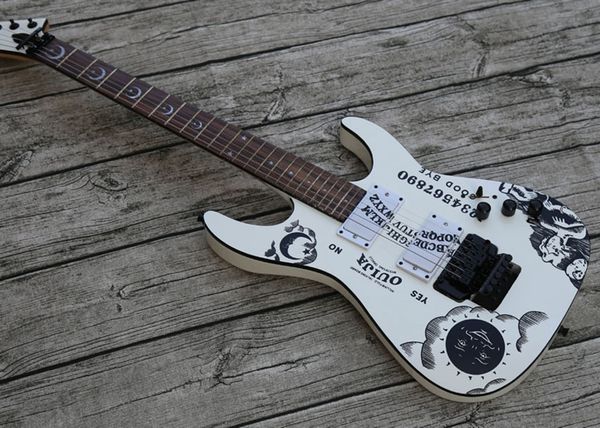 Custom Shop KH-2 Ouija White Kirk Hammett Signature Chitarra elettrica Reverse Paletta, Floyd Rose Tremolo, Hardware nero