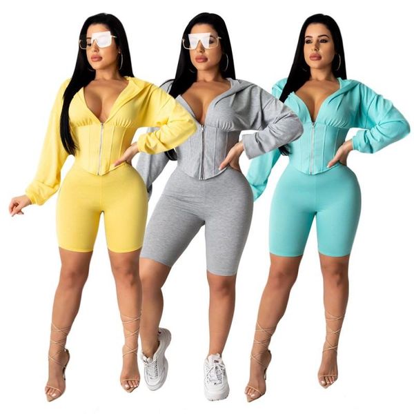 

two piece dress solid deep v neck 2 set casual long sleeve hooded zipper waist down leggings knee length fashion tracksuit sportswear, White