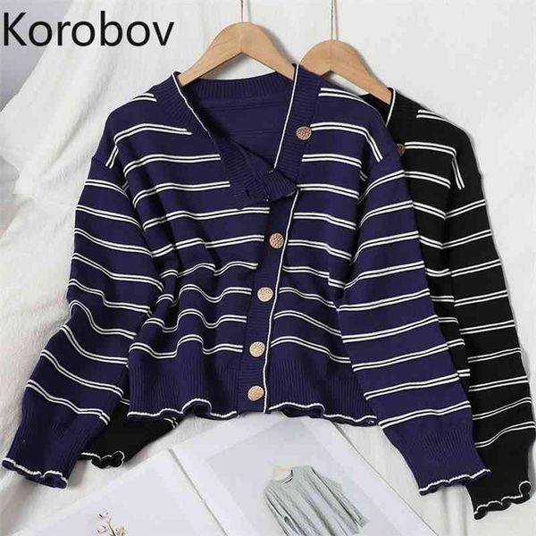 

korobov autumn winter new chic women cardigans korean elegant striped sweaters vintage streetwear sueter mujer 210430, White