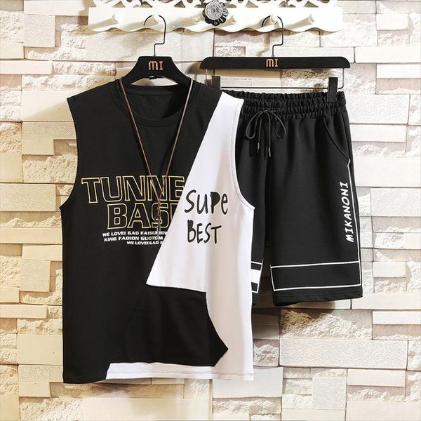 

set summer youth sports mens tracksuits casual two piece vest shorts sleeveless t shirt suit male fitness quick drying tracksuit, Gray