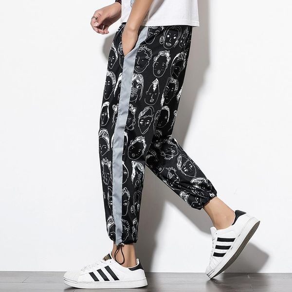 

reflective streetwear pants men/female jogger ankle-length harem splice lattice trousers men human head printing men's, Black