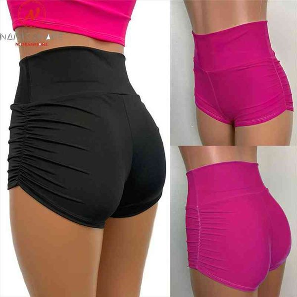 

fashion women summer solid color shorts for sport streetwear shrinkage design elastic high waist casual slim hips shorts, White;black