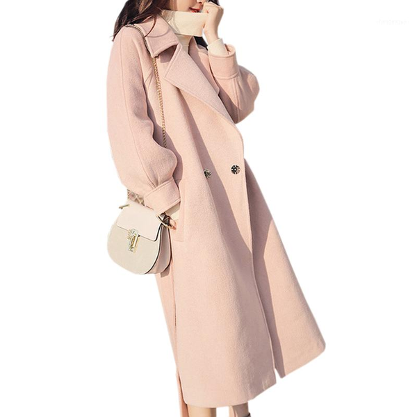 

women's wool & blends woolen coat casual winter jackets 2021 thick pink over the knee student autumn fashion female outwear, Black