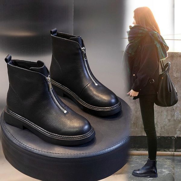 

boots women's versatile shoes front zipper head leather autumn winter 2021 short plush children, Black