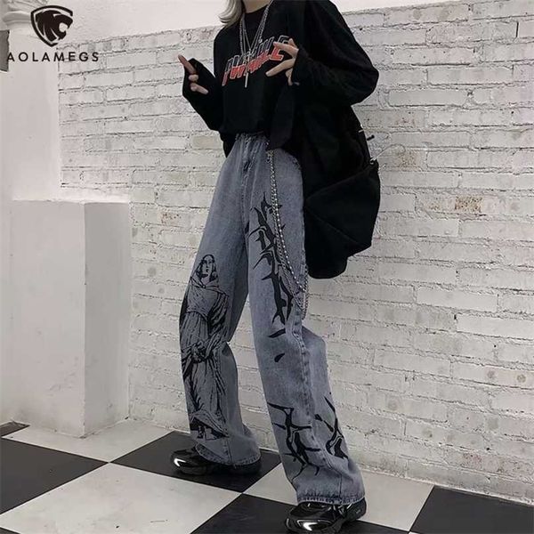 Aolamegs Jeans Uomo Casual Stampa Baggy Homme Coreano Retro Gamba Larga Anime Denim Pant Pantaloni Hip Hop Harajuku 211111