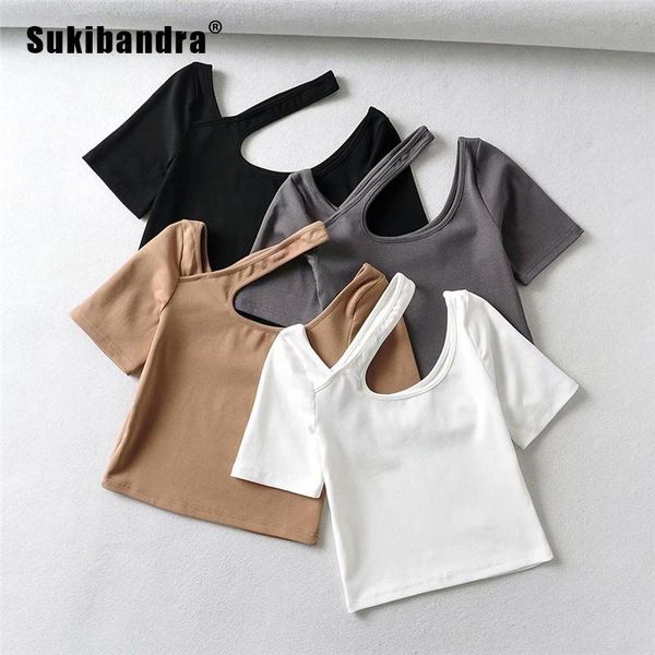 

sukibandra 2021 summer short sleeve hollow out asymmetrical women tshirt tee solid crop t shirt korean womens clothes women's t-shi, White