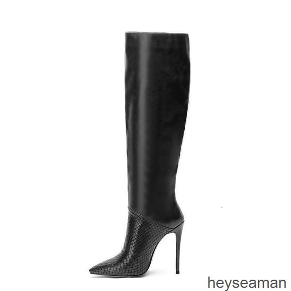 

boots large stitching fashion boots women's autumn and winter fine high heels pointed stone pattern woven knight ks0j, Black