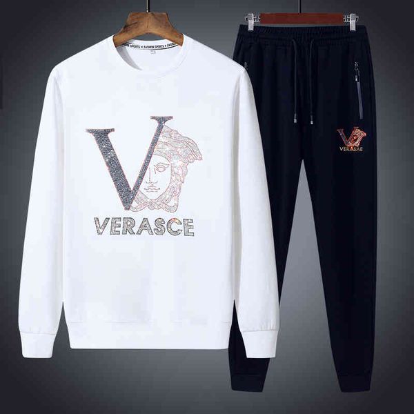 

leisure men's spring and autumn fashion brand drill large size sports suit round neck sweater with two-piece set, Black