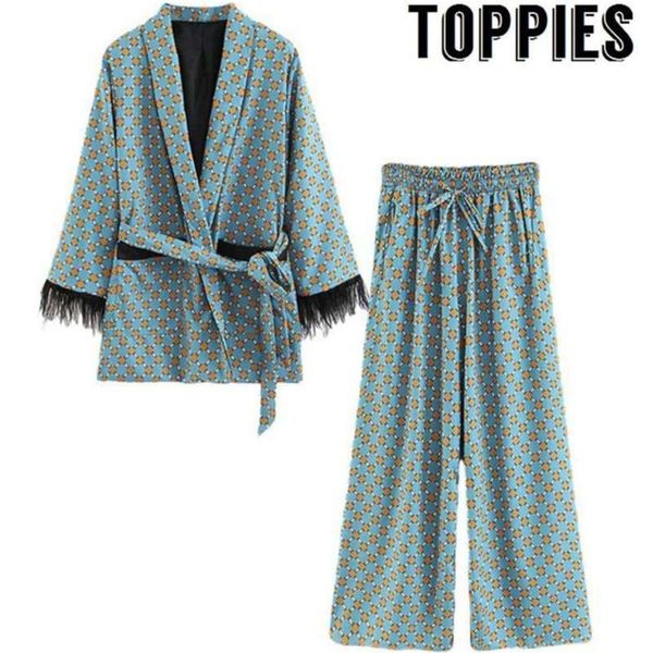 

ies blue printed kimono jacket with feather sleeves wide leg loose cuasal trousers women vintage clothing suits 210928, Black;brown
