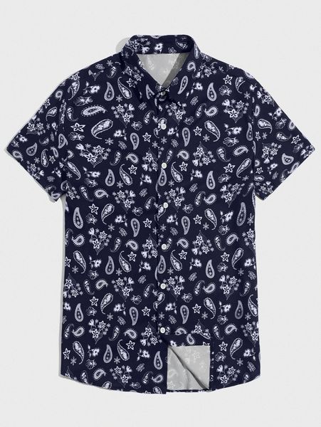 

romwe guys paisley & floral print shirt d1ha#, White;black