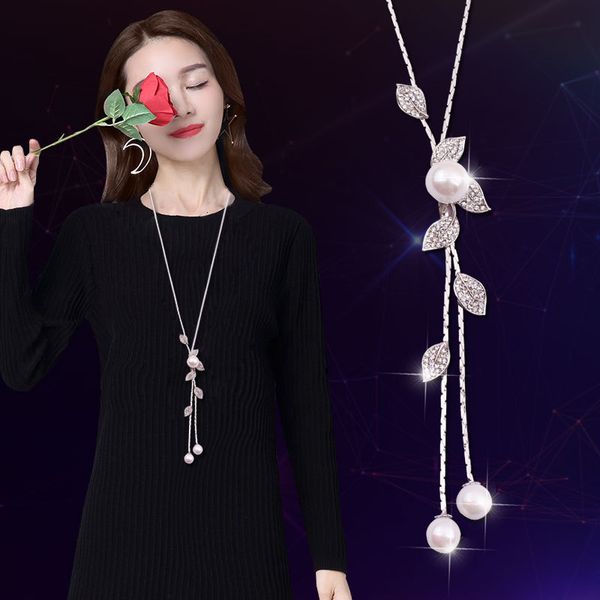 

long rising leaves pearl tassel sweater chain for women to wear style elegant accessories necklace, Silver