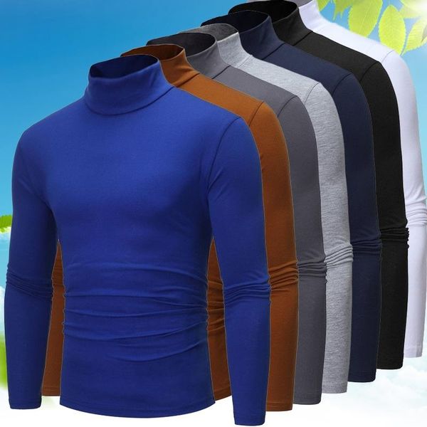 

men's t-shirts casual slim fit long sleeve solid basic autumn winter cotton knitted thermal turtleneck pullover sweater, White;black