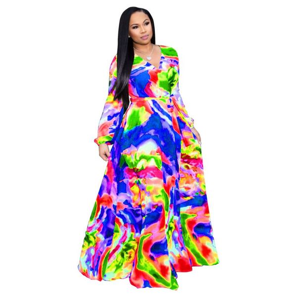 

plus size dresses women long maxi dress floral printed sleeve v neck belted chiffon casual beach loose vestidos 5xl