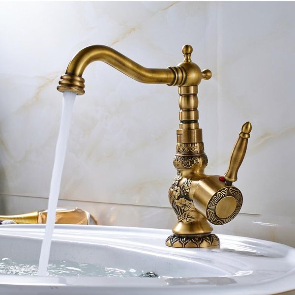 

antique brass basin faucet long nose spout flower carved wash sink tap 360 rotation single handle mixer torneiras bathroom faucets