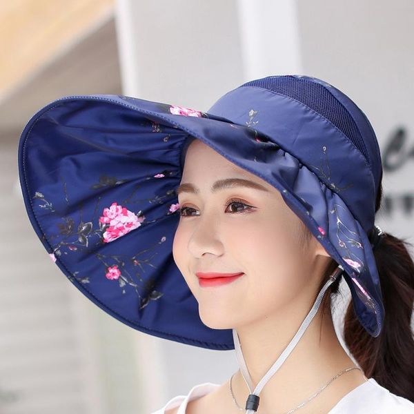 

sun hat women's empty printed sunscreen foldable han banxia berets, Blue;gray