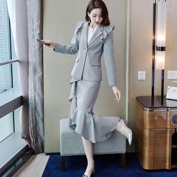 

two piece dress 2021 spring summer runway modis set women sheer blazer and ruffles skirt ladies work 2 plus size, White