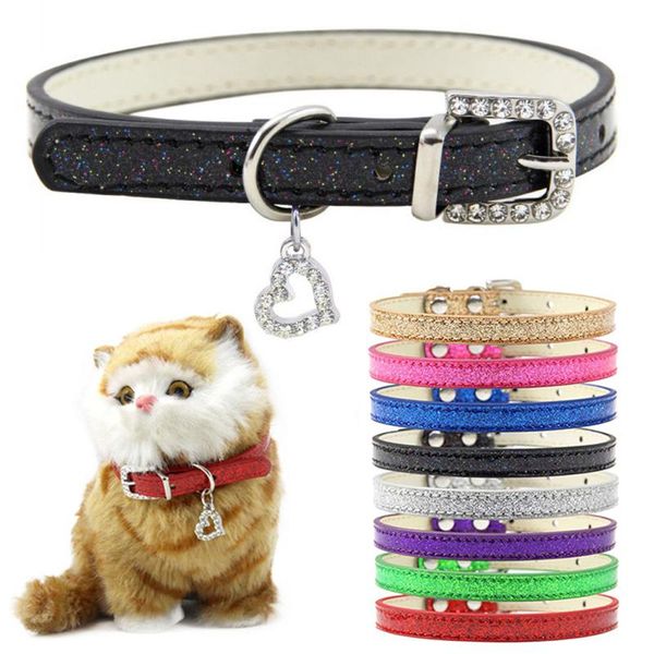 

dog collars & leashes pet cat collar bling love heart crystal pendants necklace safety soft leather kitten puppy neck strap animal accessori