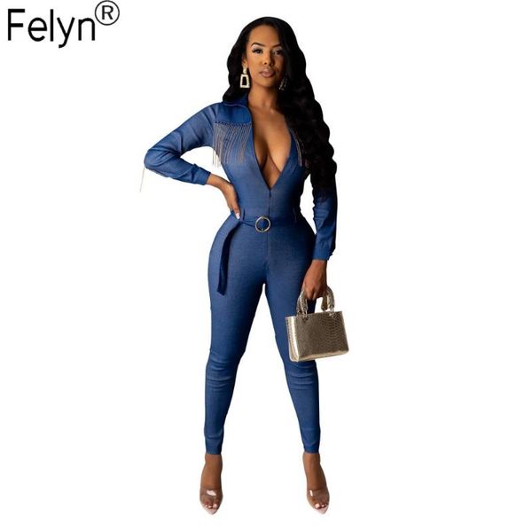 

women's jumpsuits & rompers felyn 2021 famous internet celebrity denim tassel turn-down collar belted spring autumn wear bb9210, Black;white