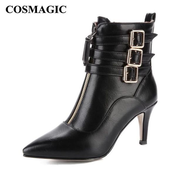 

boots cosmagic 2021 women fashion ankle high heel zip buckle strap pointed toe thin short botas mujer, Black
