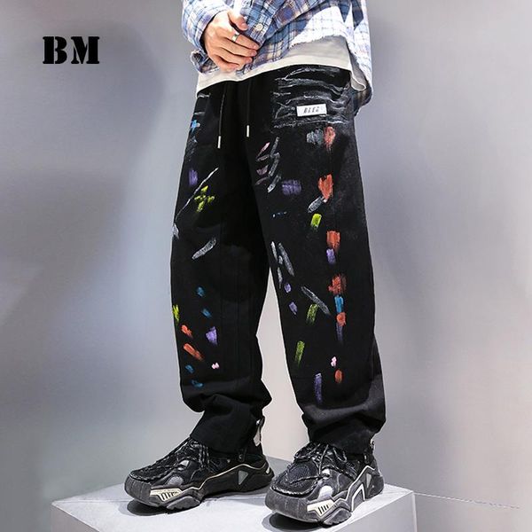 

european american style color graffiti print straight jeans hip hop fashion denim trousers streetwear korean clothes men men's, Blue