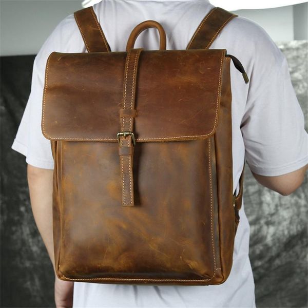 

backpack pooloos thick brown genuine crazy horse leather 14'' lapmen travel bag highend large capacity vintage m015