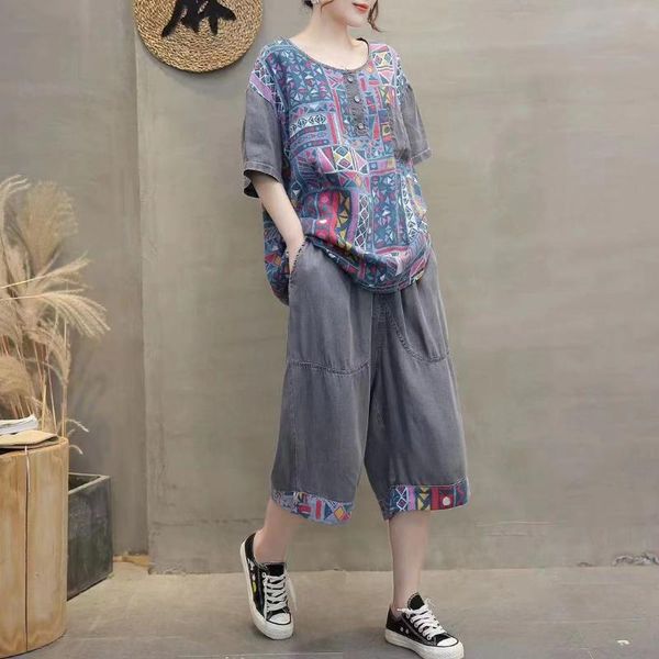 

women's two piece pants 21 women denim suits summer loose high street printed pockets knee length jeans female fashion cotton suit wild, White