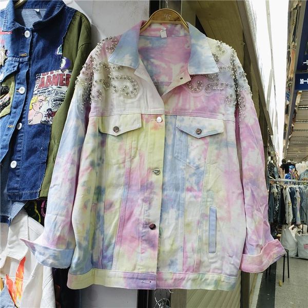 

women's jackets heavy industry beads denim jacket loose tie-dyed color gradient all-matching cowboy autumn jeckets girls coat, Black;brown