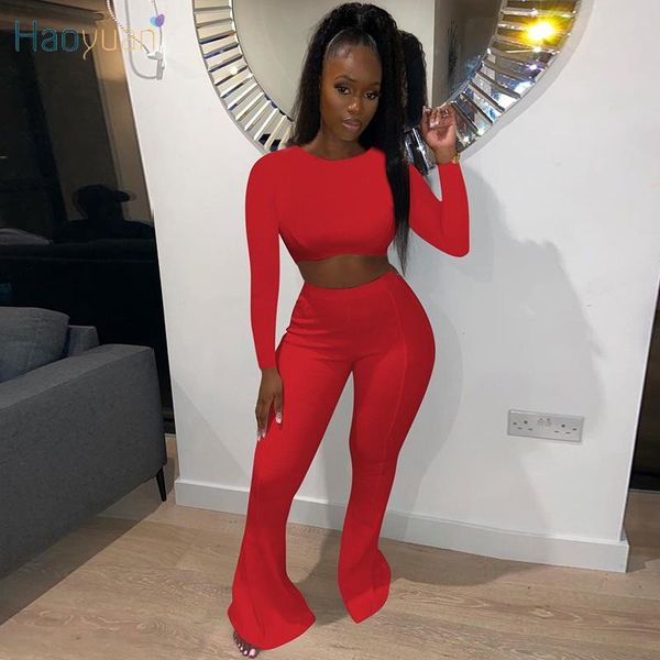 

women's two piece pants haoyuan knitted set long sleeve crop flare fall clothes for women club wear outfits black matching sets, White