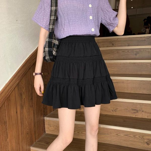 

skirts summer korean ulzzang kawaii a-line casual mini female skirt jk solid color y2k high waist vintage sweet harajuku women, Black