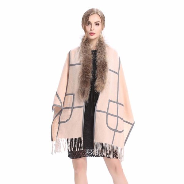 

scarves zy87060 2021 design fashion women and ladies raccoon fur collar wool cashmere with pu pashimina shawl poncho, Blue;gray