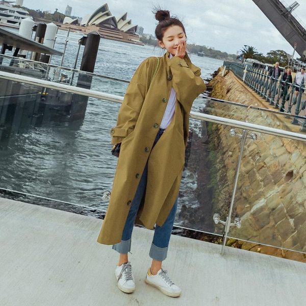 

women's trench coats windbreaker long side split button loose casual coat for women japanese and korean style ropa de mujer moda, Tan;black