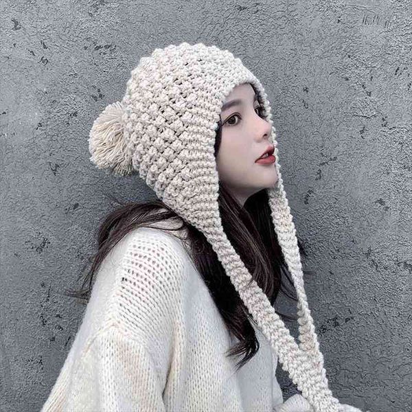 

autumn winter women handwork knitting ushanka cotton hat girls thick warm ear protector bomber hats, Blue;gray