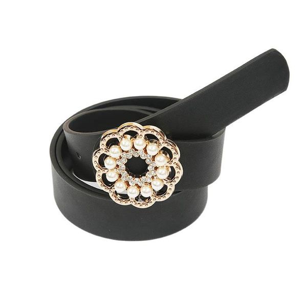 

luxury fashion pu leather belt for women pearl rhinestone buckle waist straps designer trouser dress female decoration waistband belts, Black;brown
