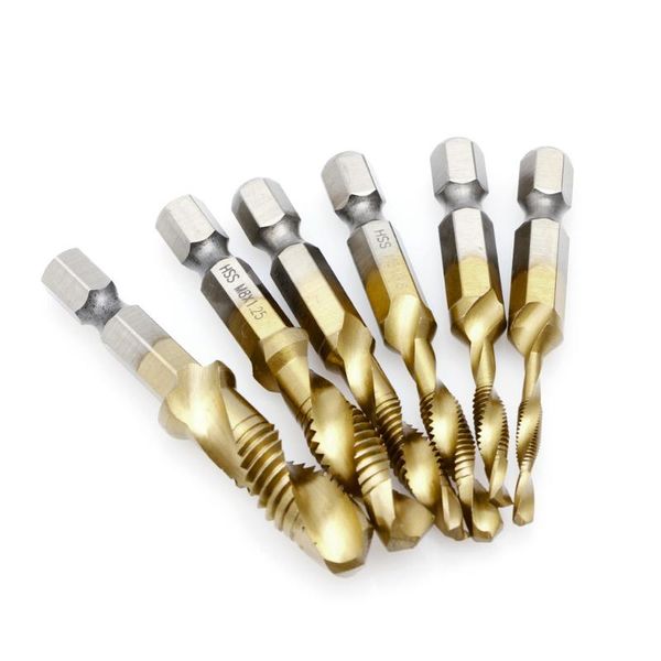 

ripengpi drill bit, 1 set hex shank m3-m10 titanium plated hss hand screw read metric tap bits tools