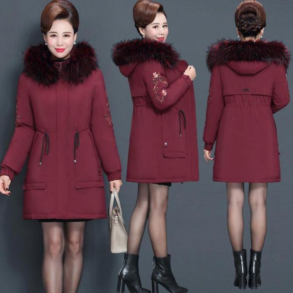 

women's down & parkas gray womens parka jacket fashion slim embroidered large fur collar hood cotas thick warm casual outwear, Black