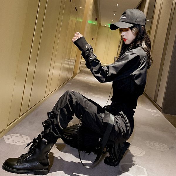 

skirts black cargo pants women high waist trousers streetwear joggers female elastic bottoms ankle banded wny7