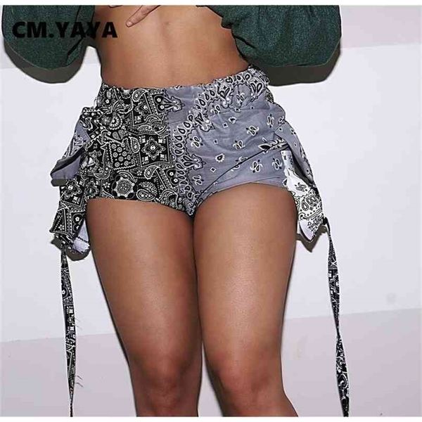 CM.YAYA Mulheres Verão Bandana Paisley Imprimir Patchwork com bolso Safari Estilo Shorts Biker Forma Fitness 210714