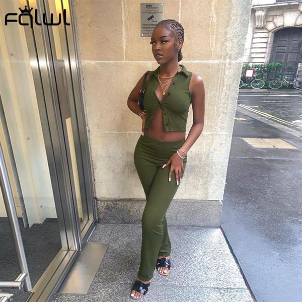 

women's two piece pants fqlwl fall streetwear 2 sets tracksuit women outfits sleeveless crop skinny suits green matching 2021, White