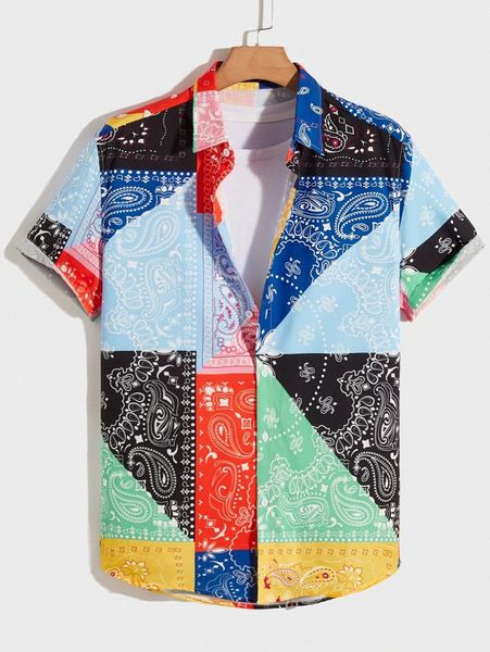 

men paisley print colorblock shirt g223#, White;black