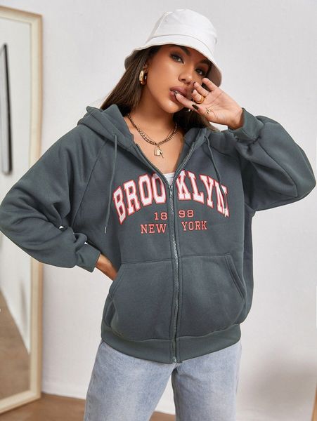

letter graphic zip up hoodie b8z2#, White;black