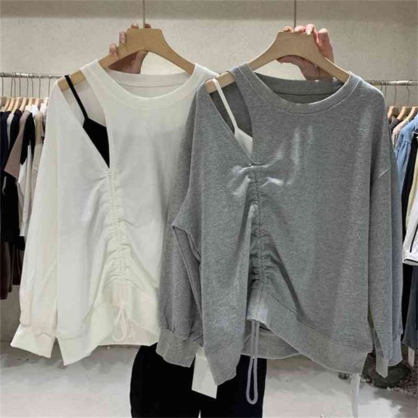 

fashion fake two piece puff sleeve women hoodies chic shirring sudaderas para mujer spring casual loose women 210514, Black
